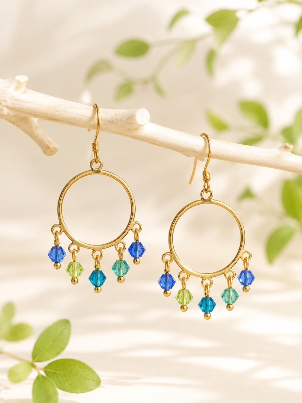 Gold Hoop Earrings with Blue and Green Crystal Drops by